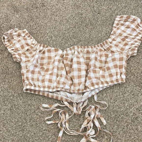 Brown and White Gingham Off-Shoulder Top - Picture 3 of 3